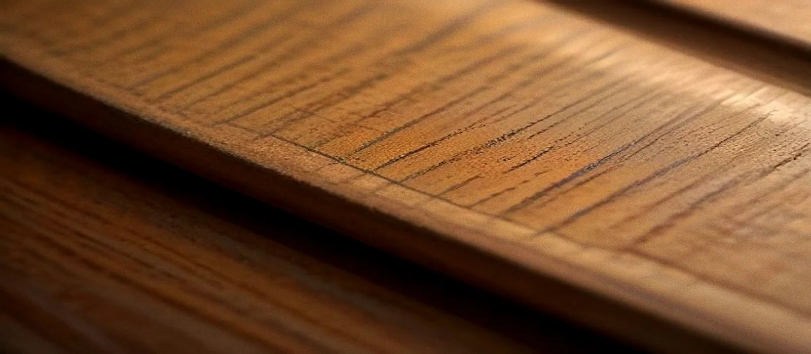 The curved top rail of a teak chair in close-up, the varnish worn back to pale bare wood along the curve.