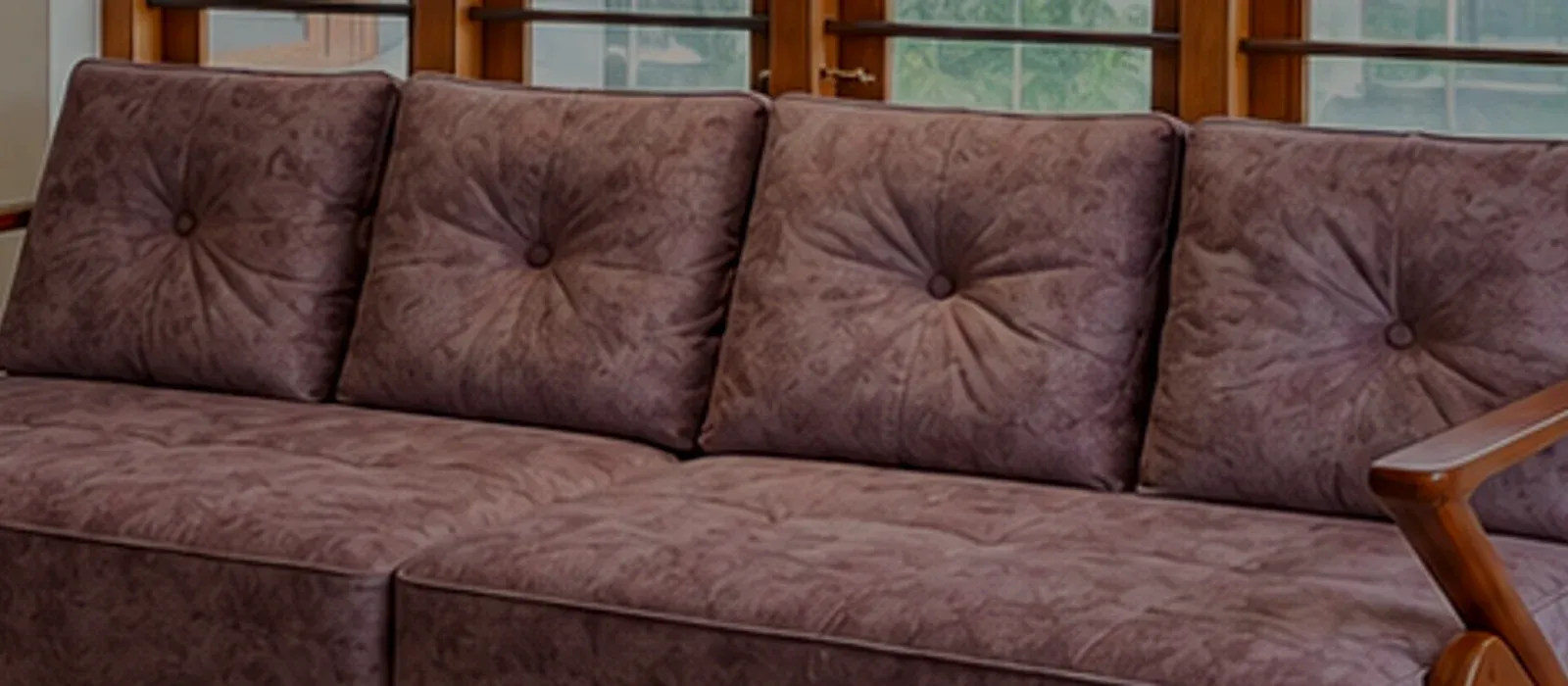 Four buttoned back cushions on a sofa in close-up, each drawn in to a single covered button, with the wooden arm frame entering at the right.