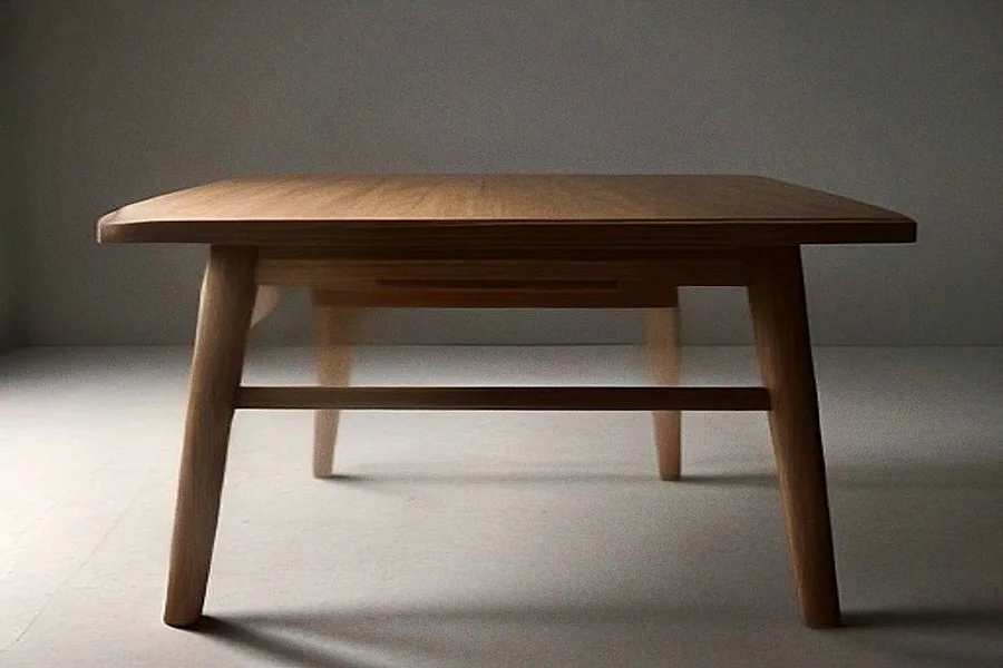 A low teak table with a solid top and square legs, lit across the surface.