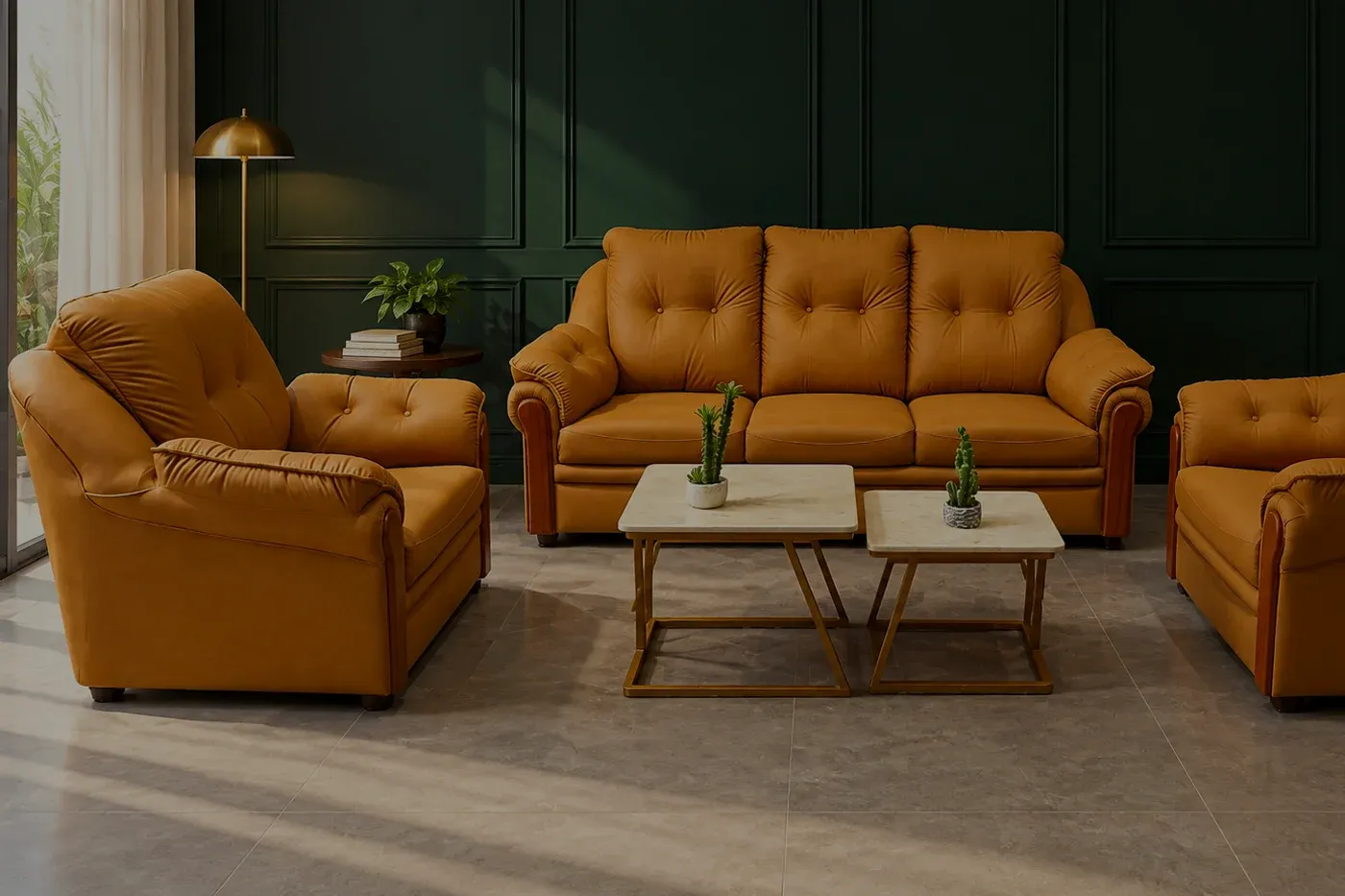 A tan buttoned sofa and two armchairs against a dark green panelled wall, a floor lamp lit at one side.