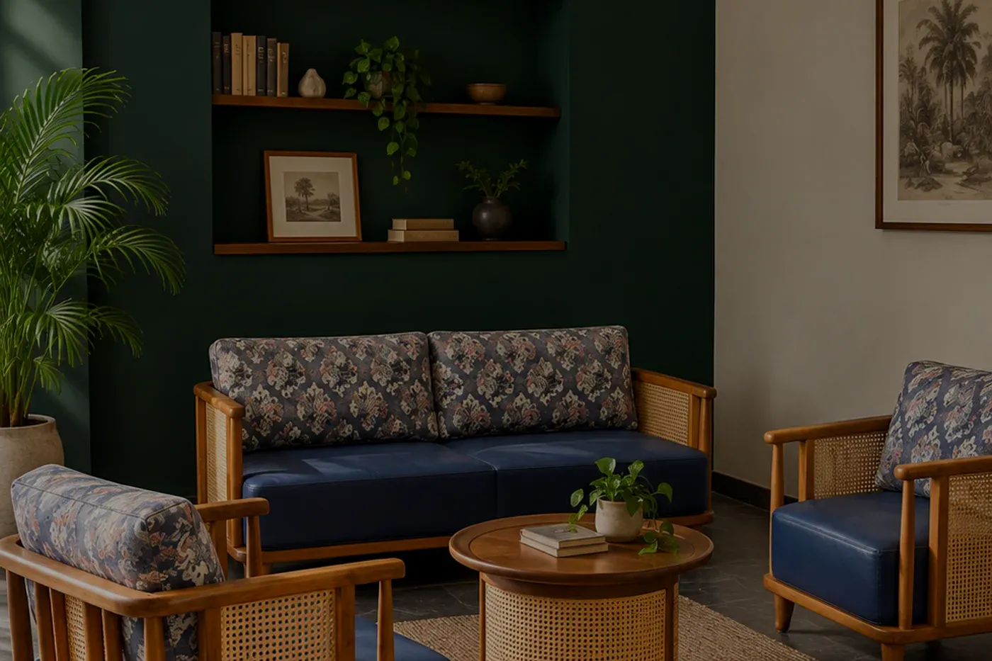 A navy sofa with woven cane arms against a dark green wall, a shelf of books and a framed print above it.