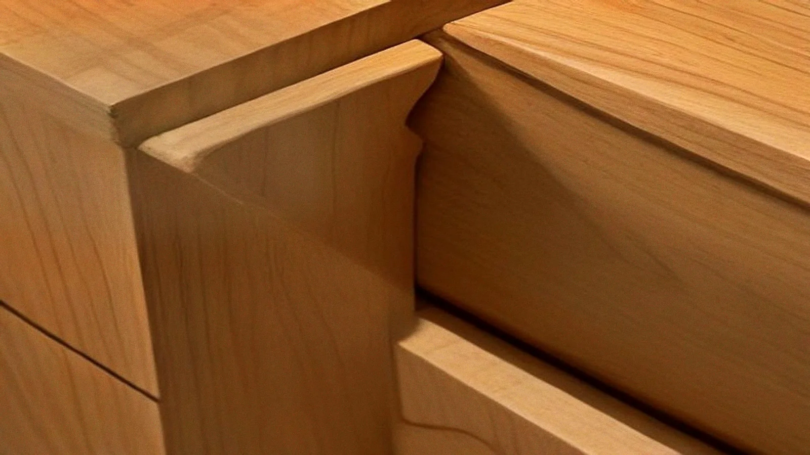 A close-up of the corner of a pale timber cabinet where the top and the side meet in a clean unbroken line.
