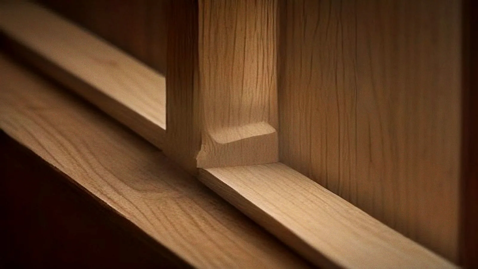 A close-up of a timber rail meeting an upright, the shoulder line where the two meet running tight and unbroken across the joint.