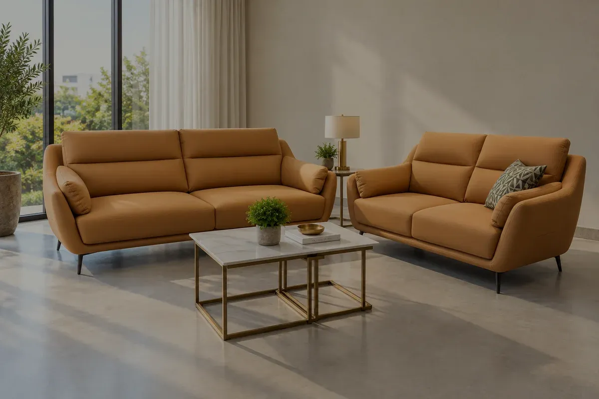 A tan low-profile sofa and loveseat on a grey micro-cement floor, with glazing along one side looking onto trees.