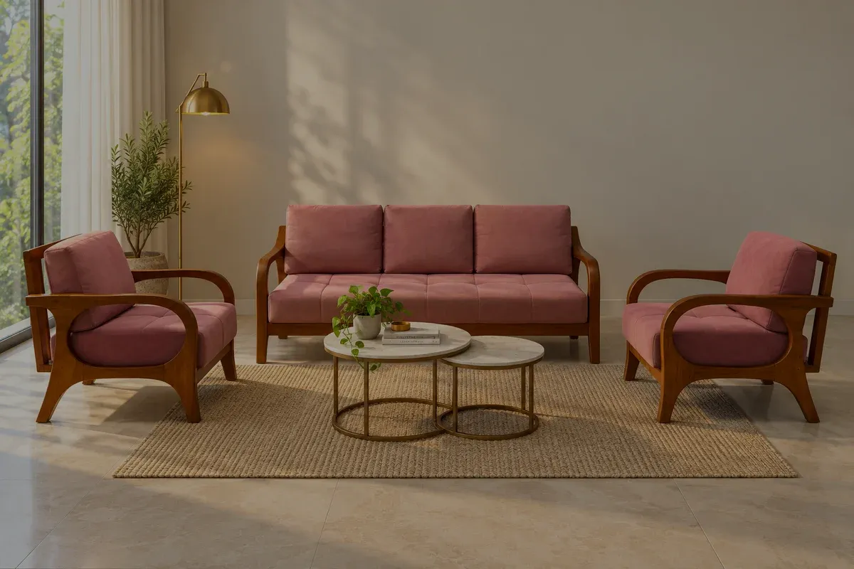 A dusty-rose sofa and two armchairs with curved wooden arms, standing on a woven rug in a room with plain plaster walls.