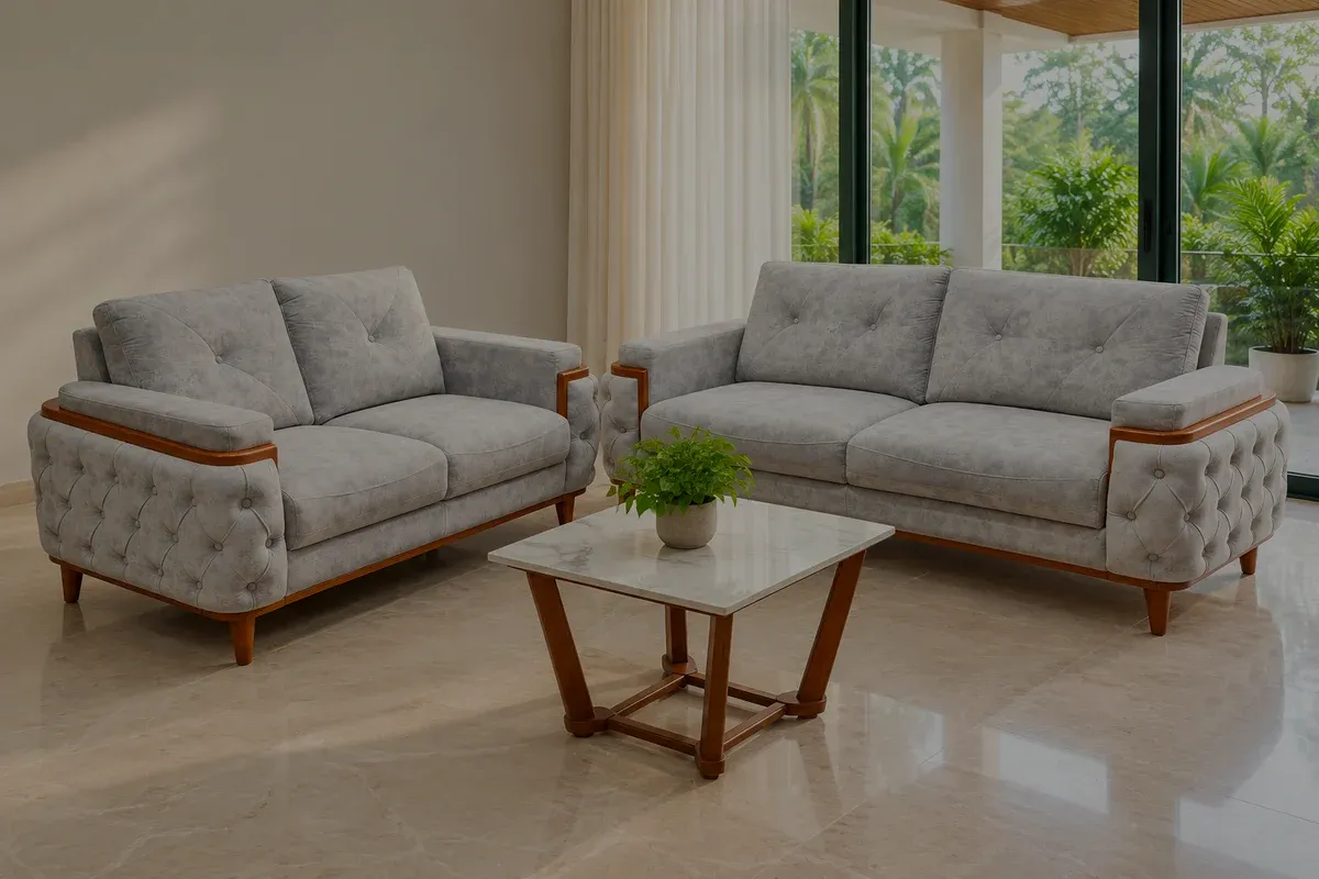 A silver-grey buttoned sofa and loveseat beside a wide opening onto a shaded veranda, with green planting beyond it.