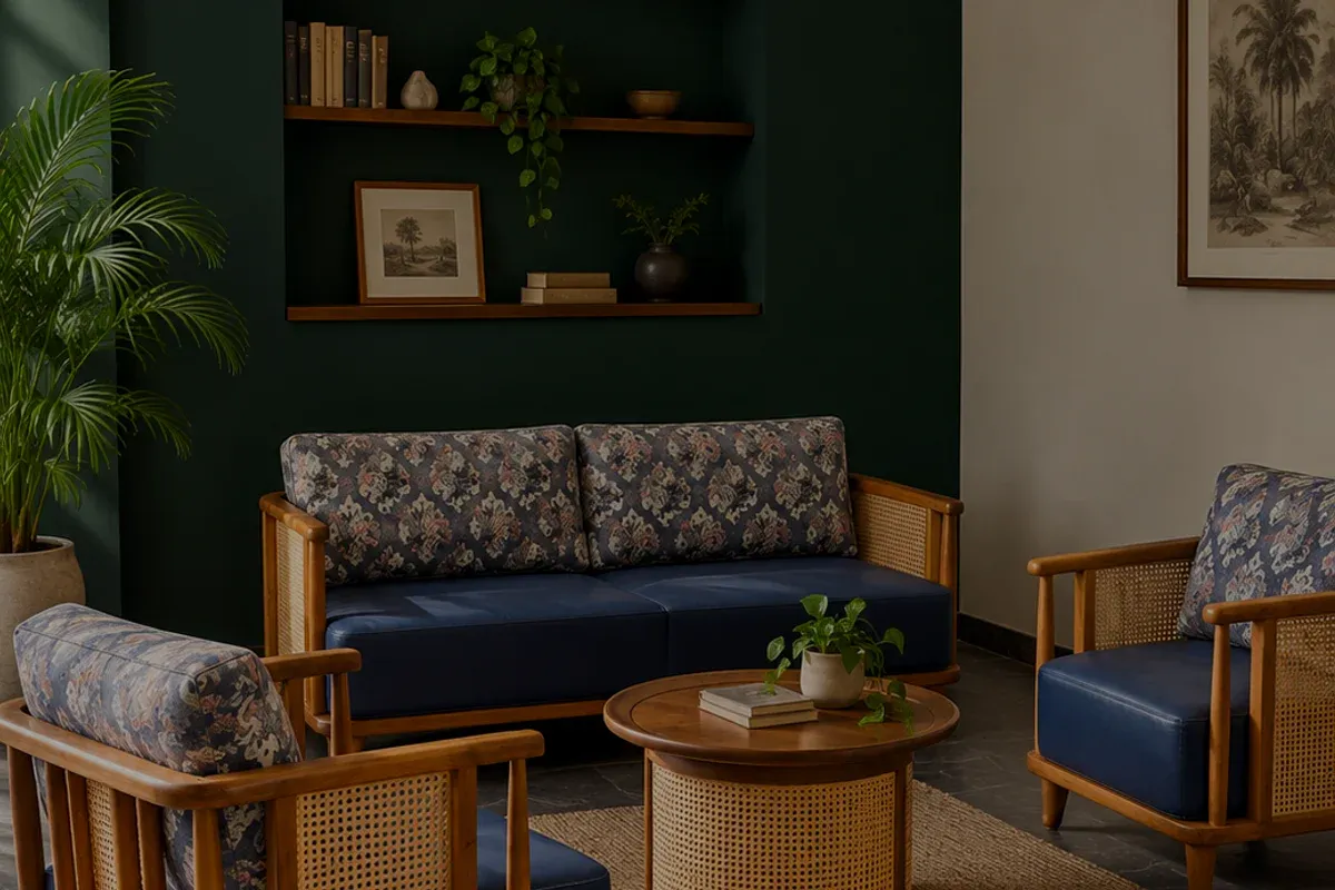 A navy sofa with woven cane arms against a dark green wall, a shelf of books and a framed print above it.