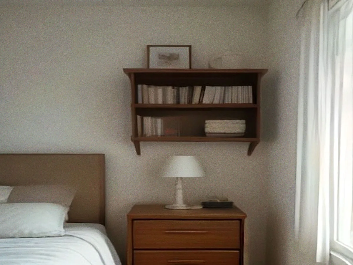 A small teak bedside table with a single drawer and a lamp on it, beside a bed and a shelf of books.