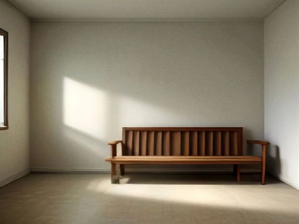 A long backless teak bench with a slatted back rail, standing against a bare wall in low sunlight.