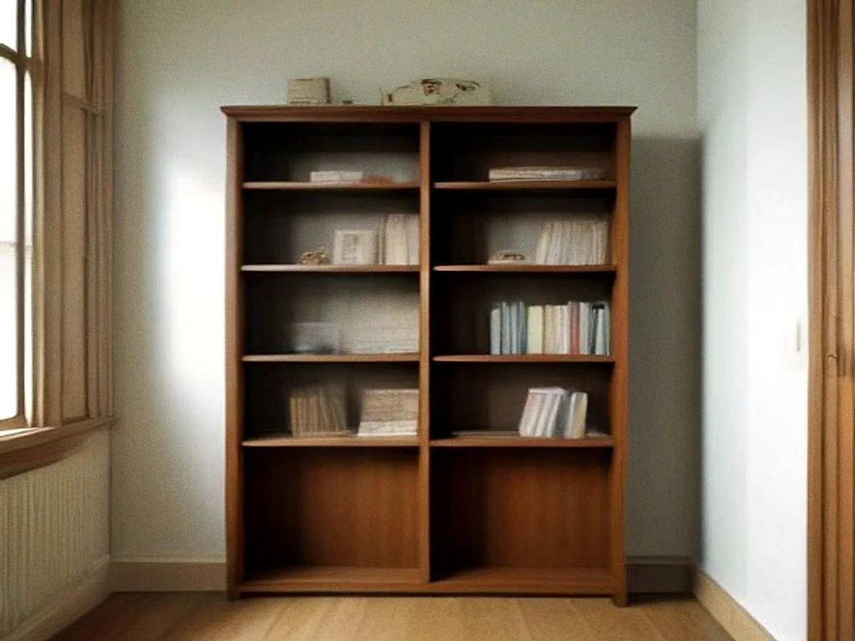 A tall open teak bookcase with five shelves, partly filled, standing between a window and a door.