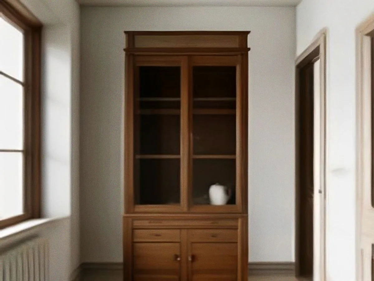 A teak cabinet with two panelled doors standing slightly open against a pale wall.