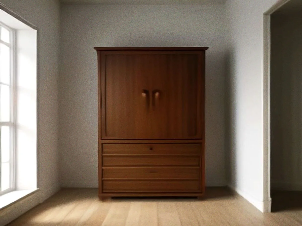 A teak cupboard with two panelled doors above a single long drawer, standing against a pale wall.