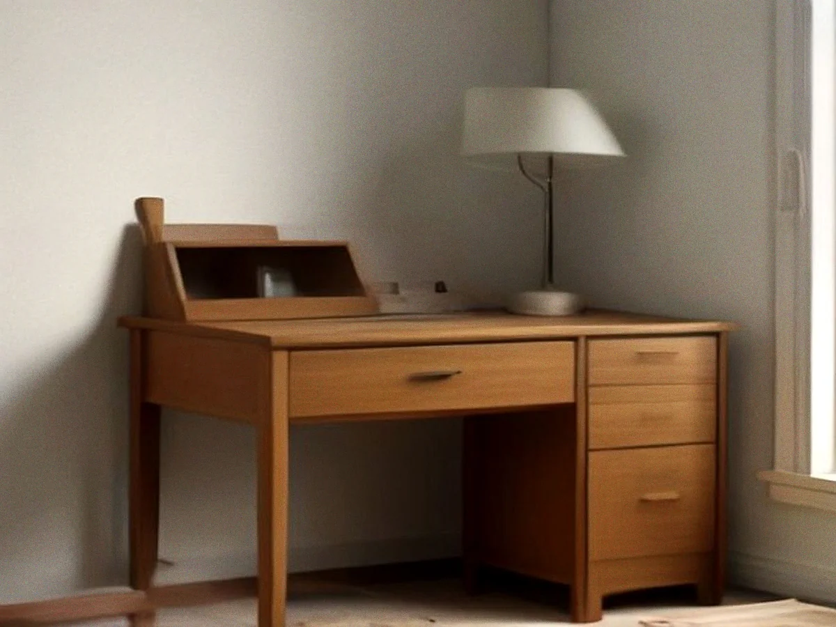 A teak writing desk with drawers down one side and a lamp on it, set against a bare wall.