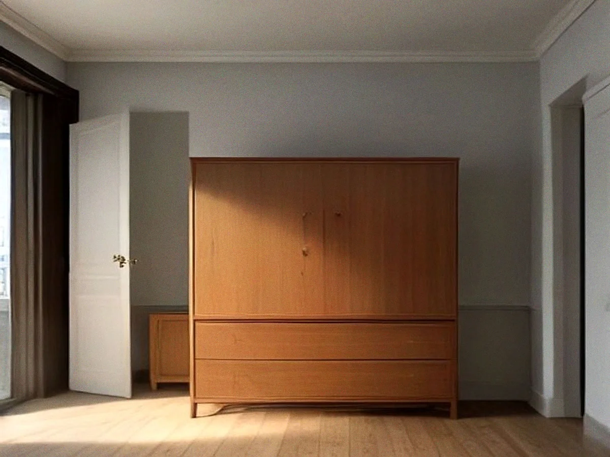 A low teak cupboard with two plain doors and a shallow top drawer, standing in a corner.