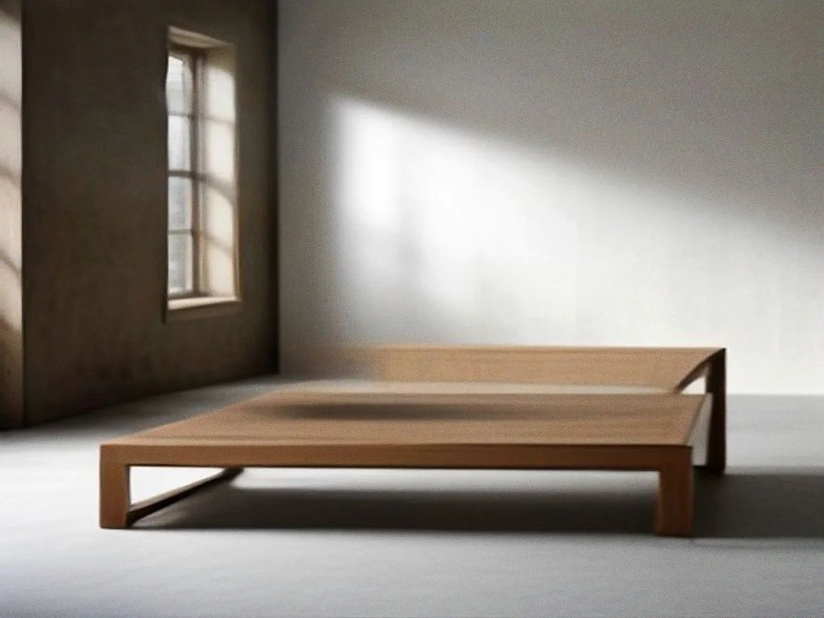 A low rectangular teak table with a solid top and square legs, lit across the surface.