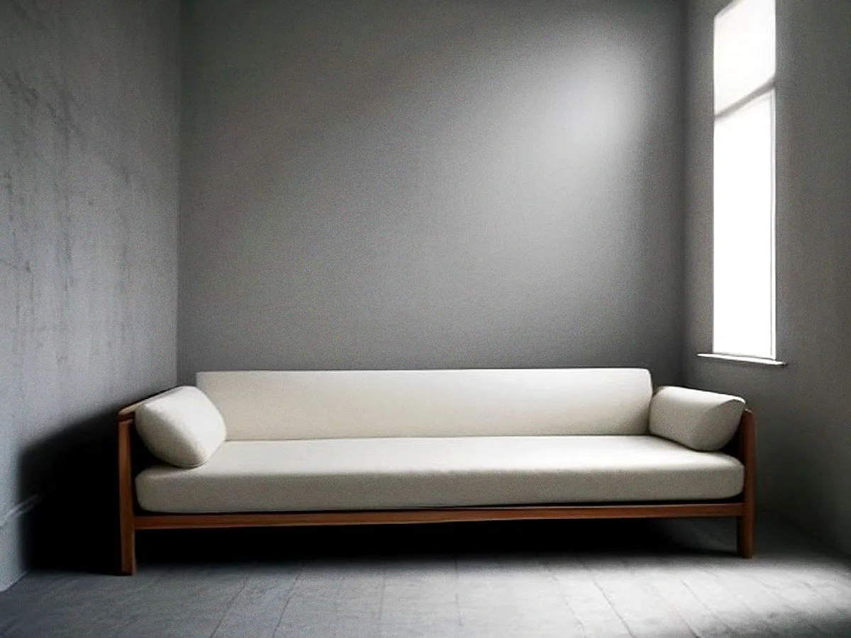 A long low three-seat teak sofa with pale cotton cushions, standing against a bare plaster wall.