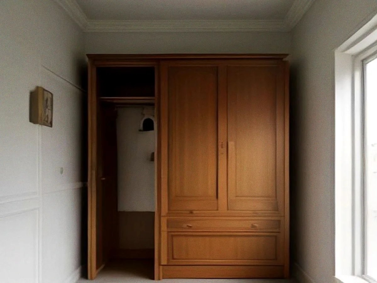 A two-door teak wardrobe standing open against a pale wall, a rail and hangers visible inside.