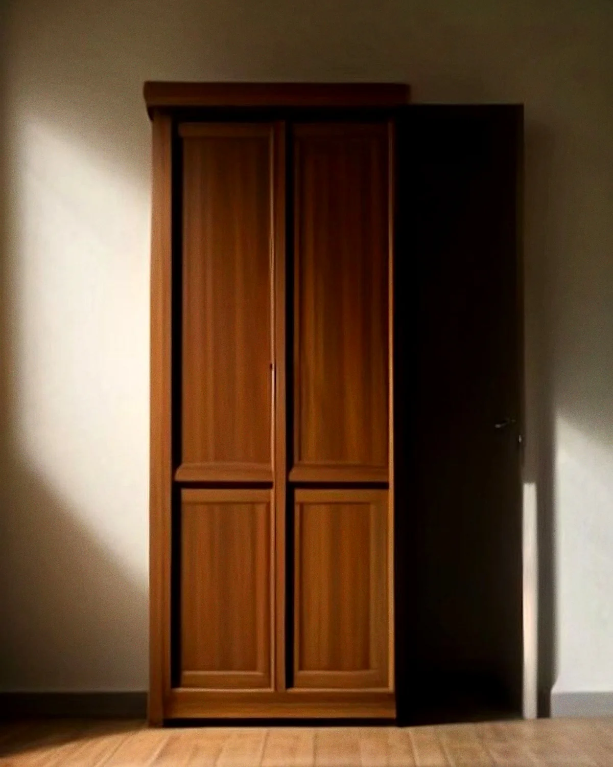 A tall two-door teak wardrobe against a plastered wall, lit hard from the left so one door is amber and the other falls into black shadow.